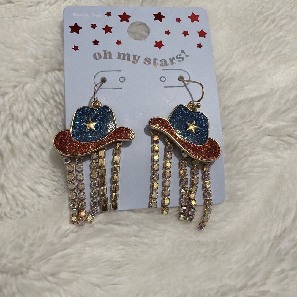 OH MY STARS GOLD TONE TASSEL FORTH OF JULY HAT CRYSTAL HOOK EARRINGS